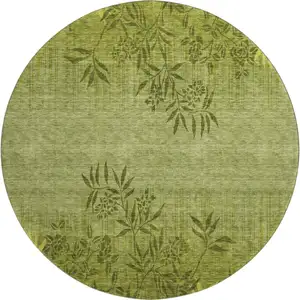 Photo of 8' Olive Green And Gold Floral Washable Round Rug With UV Protection