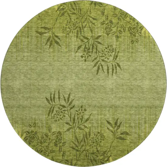 8' Olive Green And Gold Floral Washable Round Rug With UV Protection Photo 1