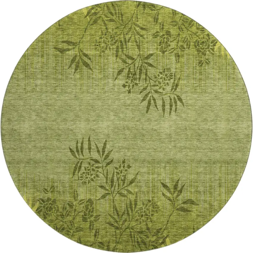 8' Olive Green And Gold Floral Washable Round Rug With UV Protection Photo 1