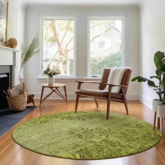 8' Olive Green And Gold Floral Washable Round Rug With UV Protection Photo 5