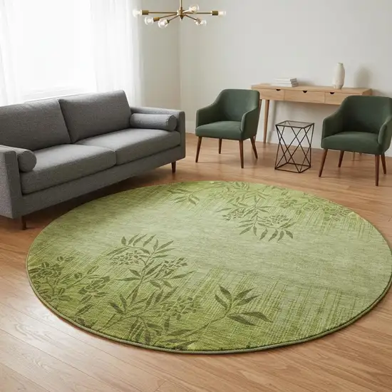 8' Olive Green And Gold Floral Washable Round Rug With UV Protection Photo 2
