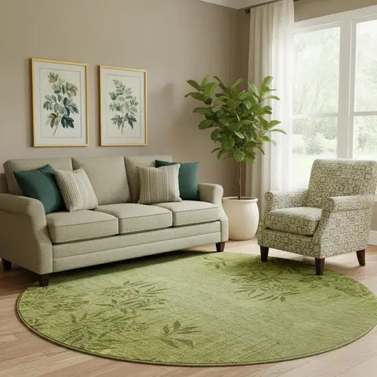 8' Olive Green And Gold Floral Washable Round Rug With UV Protection Photo 1