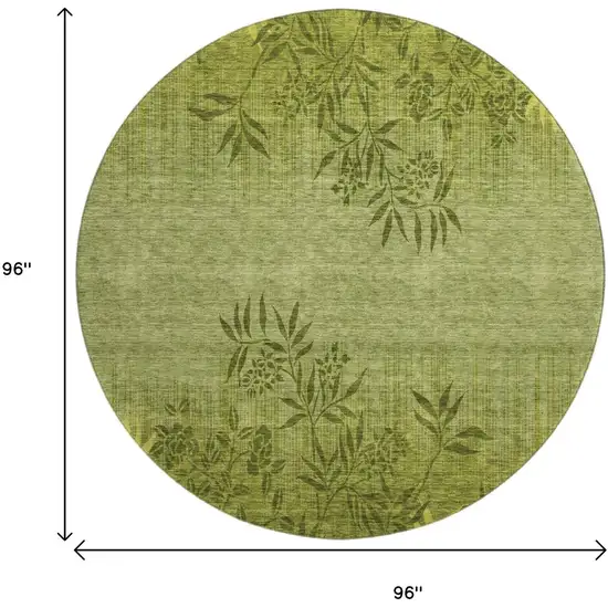 8' Olive Green And Gold Floral Washable Round Rug With UV Protection Photo 6