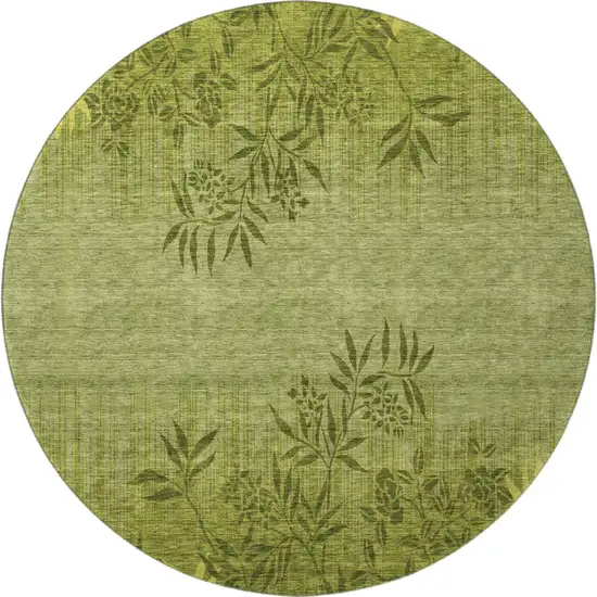 8' Olive Green And Gold Floral Washable Round Rug With UV Protection Photo 3