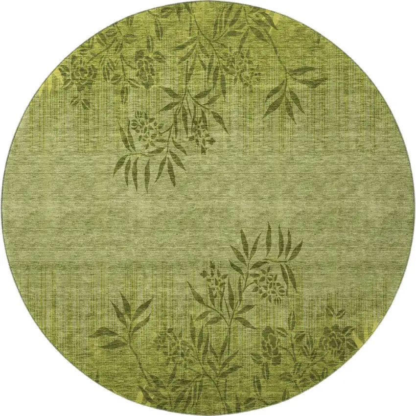 8' Olive Green And Gold Floral Washable Round Rug With UV Protection Photo 3