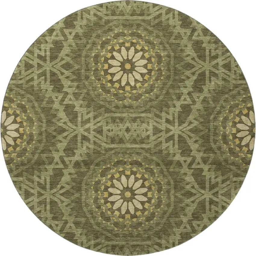 8' Olive Green And Gold Geometric Washable Round Rug With UV Protection Photo 4