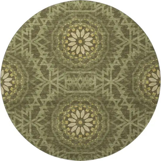 8' Olive Green And Gold Geometric Washable Round Rug With UV Protection Photo 4