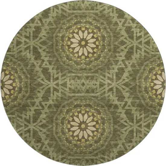 8' Olive Green And Gold Geometric Washable Round Rug With UV Protection Photo 1