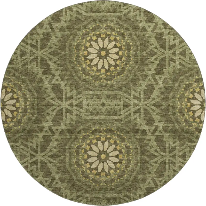8' Olive Green And Gold Geometric Washable Round Rug With UV Protection Photo 1