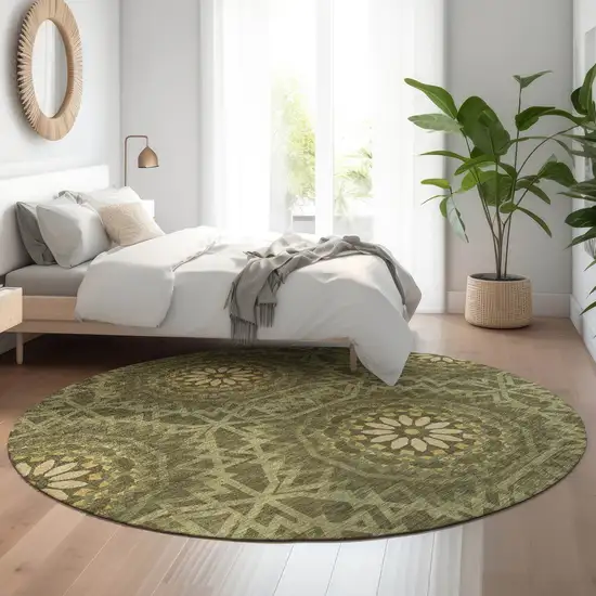 8' Olive Green And Gold Geometric Washable Round Rug With UV Protection Photo 5