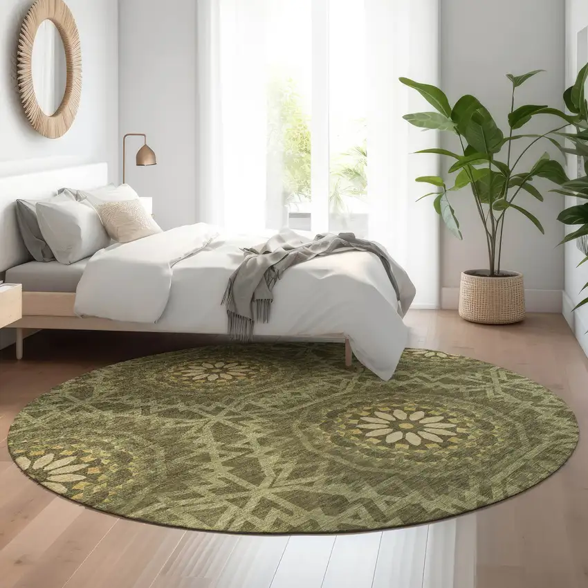8' Olive Green And Gold Geometric Washable Round Rug With UV Protection Photo 5