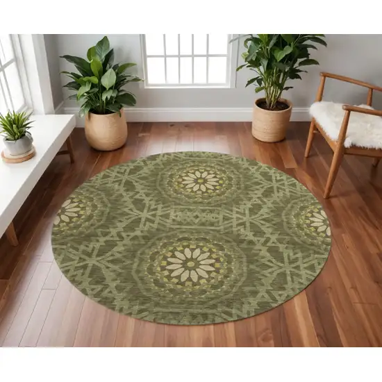8' Olive Green And Gold Geometric Washable Round Rug With UV Protection Photo 2