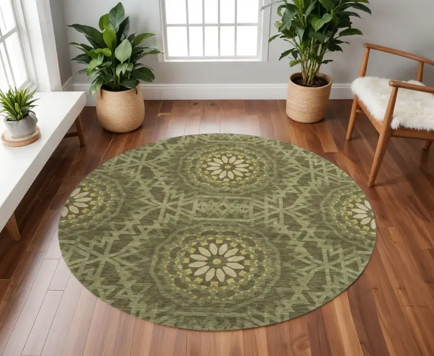 8' Olive Green And Gold Geometric Washable Round Rug With UV Protection Photo 2