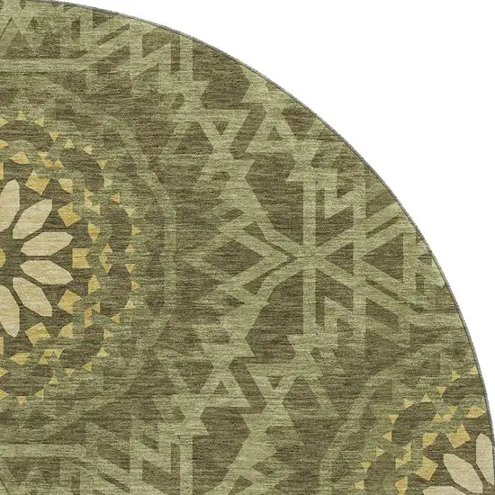 8' Olive Green And Gold Geometric Washable Round Rug With UV Protection Photo 3