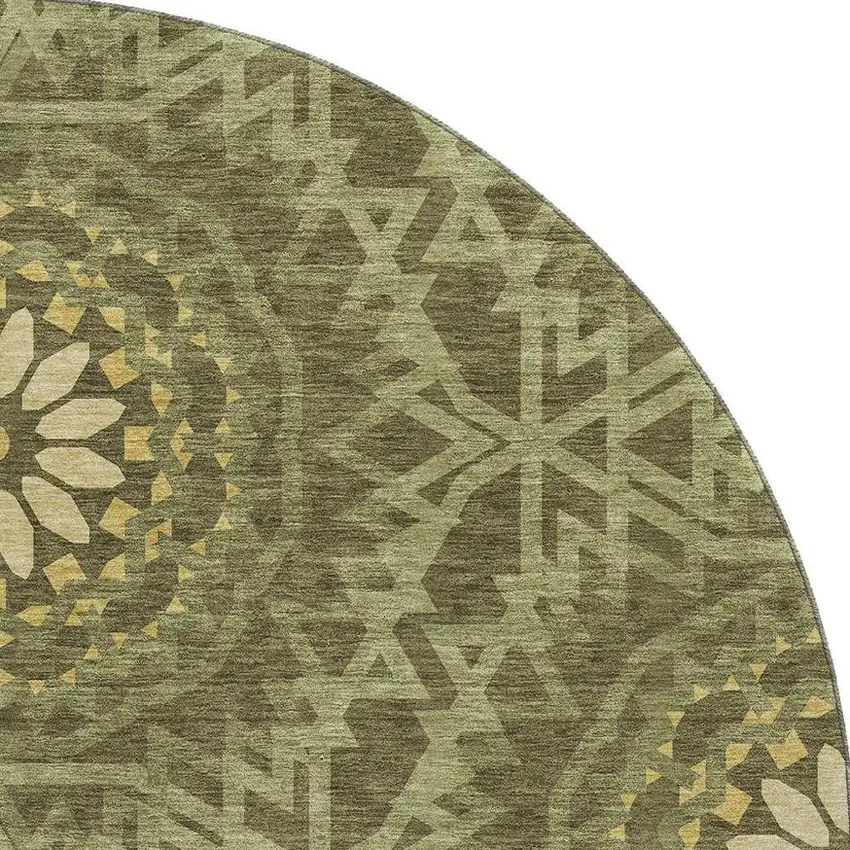 8' Olive Green And Gold Geometric Washable Round Rug With UV Protection Photo 3