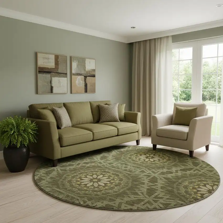 8' Olive Green And Gold Geometric Washable Round Rug With UV Protection Photo 1