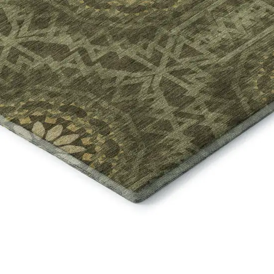 8' Olive Green And Gold Geometric Washable Round Rug With UV Protection Photo 7