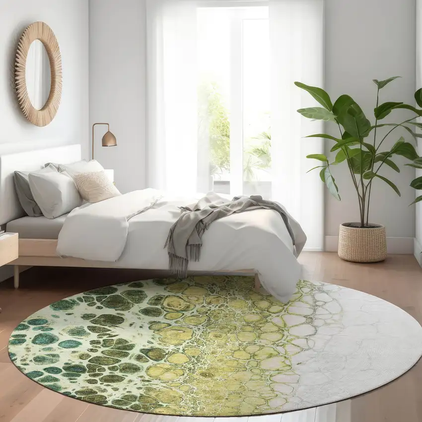 8' Olive Green And Gold Round Abstract Washable Indoor Outdoor Area Rug Photo 8