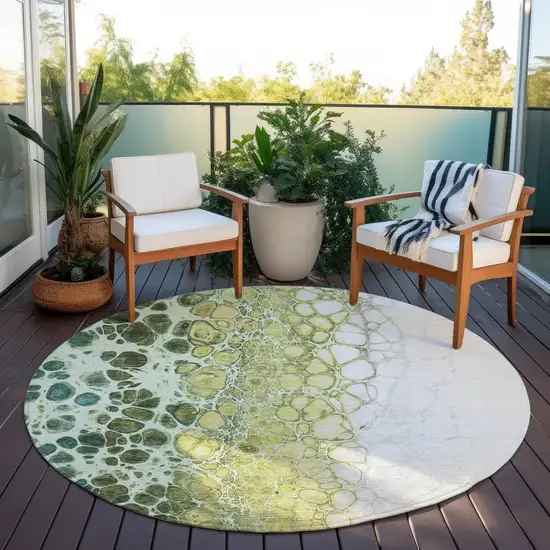 8' Olive Green And Gold Round Abstract Washable Indoor Outdoor Area Rug Photo 7