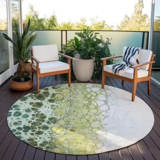 8' Olive Green And Gold Round Abstract Washable Indoor Outdoor Area Rug Photo 7