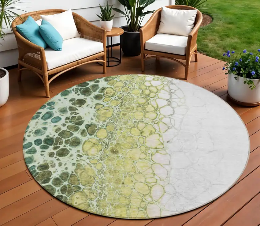 8' Olive Green And Gold Round Abstract Washable Indoor Outdoor Area Rug Photo 1