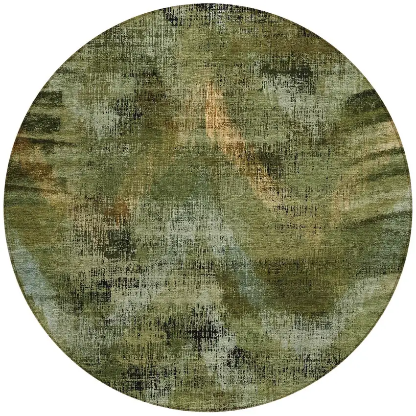 8' Olive Green And Gold Round Abstract Washable Indoor Outdoor Area Rug Photo 5