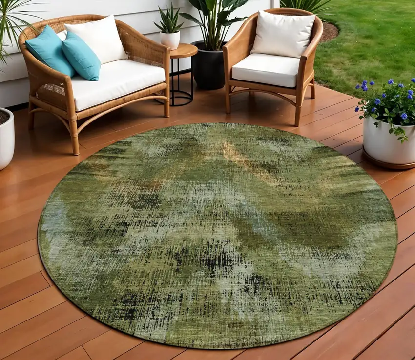 8' Olive Green And Gold Round Abstract Washable Indoor Outdoor Area Rug Photo 1