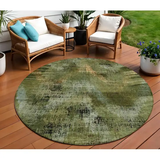 8' Olive Green And Gold Round Abstract Washable Indoor Outdoor Area Rug Photo 1
