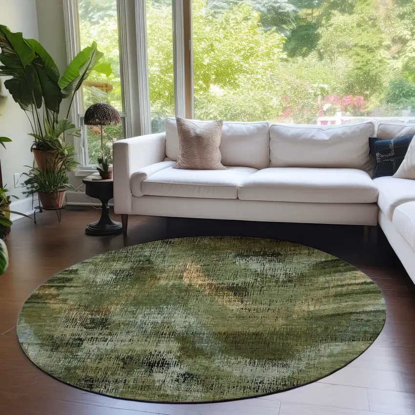 8' Olive Green And Gold Round Abstract Washable Indoor Outdoor Area Rug Photo 7