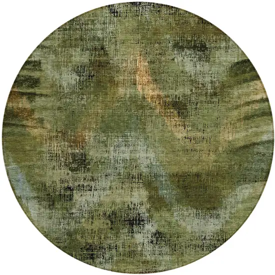 8' Olive Green And Gold Round Abstract Washable Indoor Outdoor Area Rug Photo 2