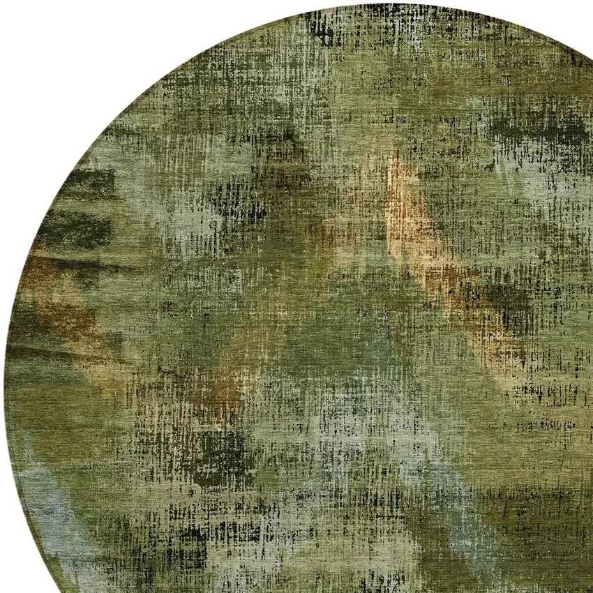 8' Olive Green And Gold Round Abstract Washable Indoor Outdoor Area Rug Photo 4