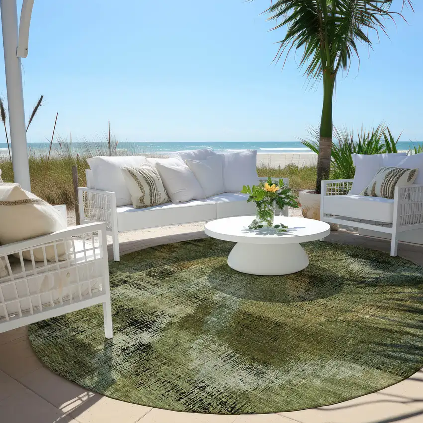 8' Olive Green And Gold Round Abstract Washable Indoor Outdoor Area Rug Photo 6