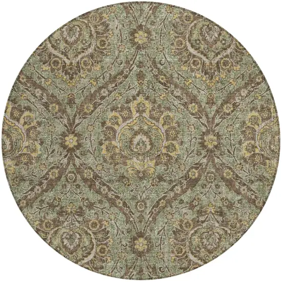 8' Olive Green And Granite Gray Round Floral Washable Indoor Outdoor Area Rug Photo 2