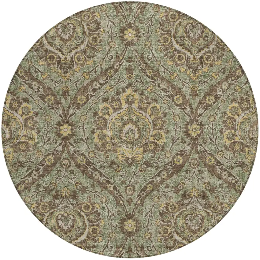 8' Olive Green And Granite Gray Round Floral Washable Indoor Outdoor Area Rug Photo 2