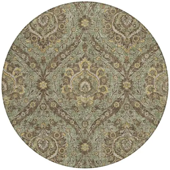 8' Olive Green And Granite Gray Round Floral Washable Indoor Outdoor Area Rug Photo 4