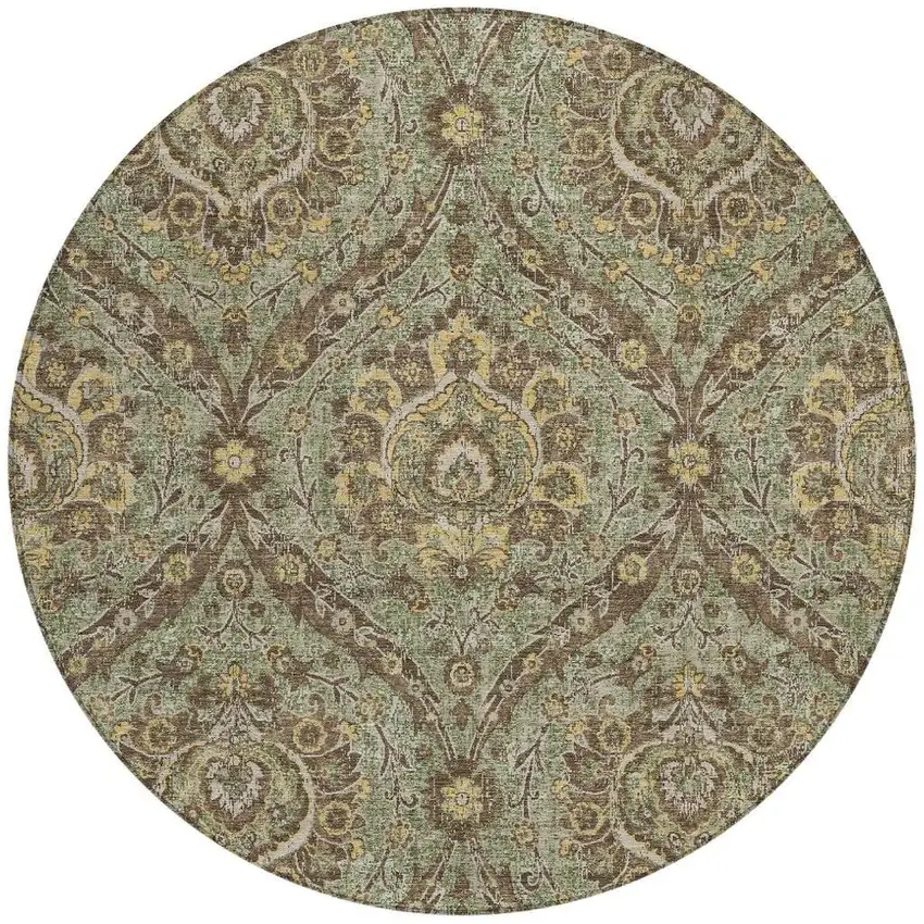 8' Olive Green And Granite Gray Round Floral Washable Indoor Outdoor Area Rug Photo 4