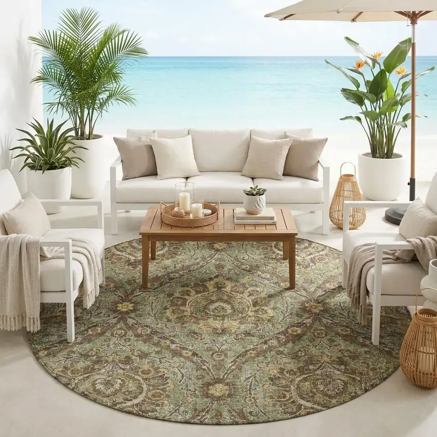8' Olive Green And Granite Gray Round Floral Washable Indoor Outdoor Area Rug Photo 1