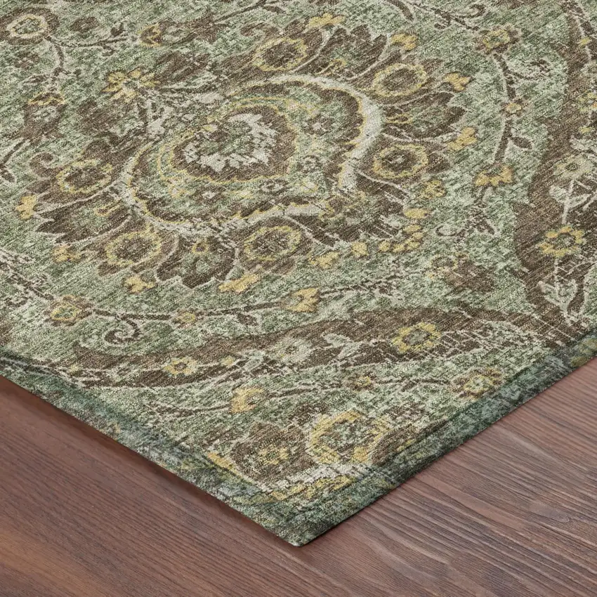 8' Olive Green And Granite Gray Round Floral Washable Indoor Outdoor Area Rug Photo 5