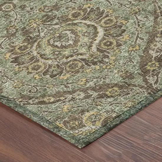 8' Olive Green And Granite Gray Round Floral Washable Indoor Outdoor Area Rug Photo 5