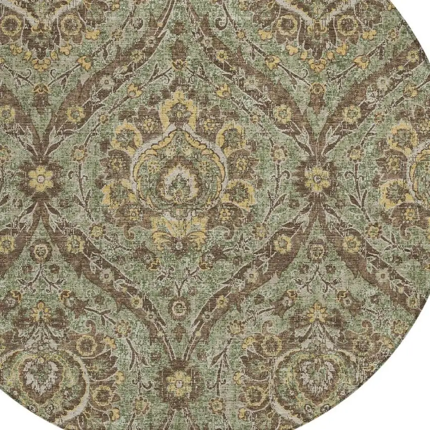 8' Olive Green And Granite Gray Round Floral Washable Indoor Outdoor Area Rug Photo 3