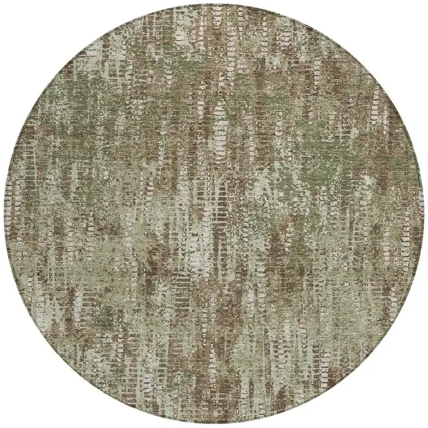8' Olive Green And Graphite Round Abstract Washable Indoor Outdoor Area Rug Photo 4