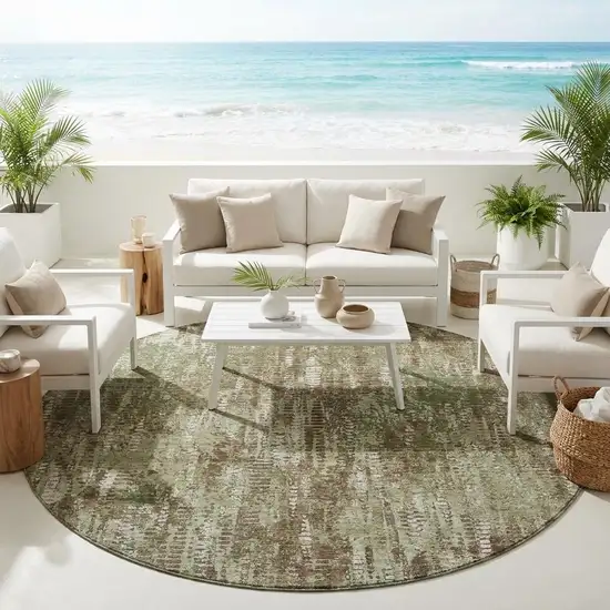 8' Olive Green And Graphite Round Abstract Washable Indoor Outdoor Area Rug Photo 1