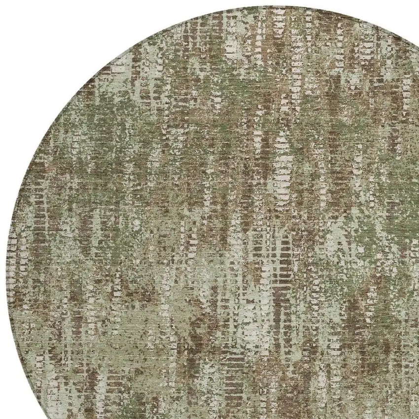 8' Olive Green And Graphite Round Abstract Washable Indoor Outdoor Area Rug Photo 3