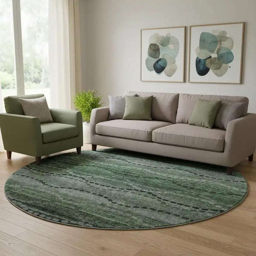 8' Olive Green And Gray Abstract Geometric Washable Round Rug With UV Protection Photo 2