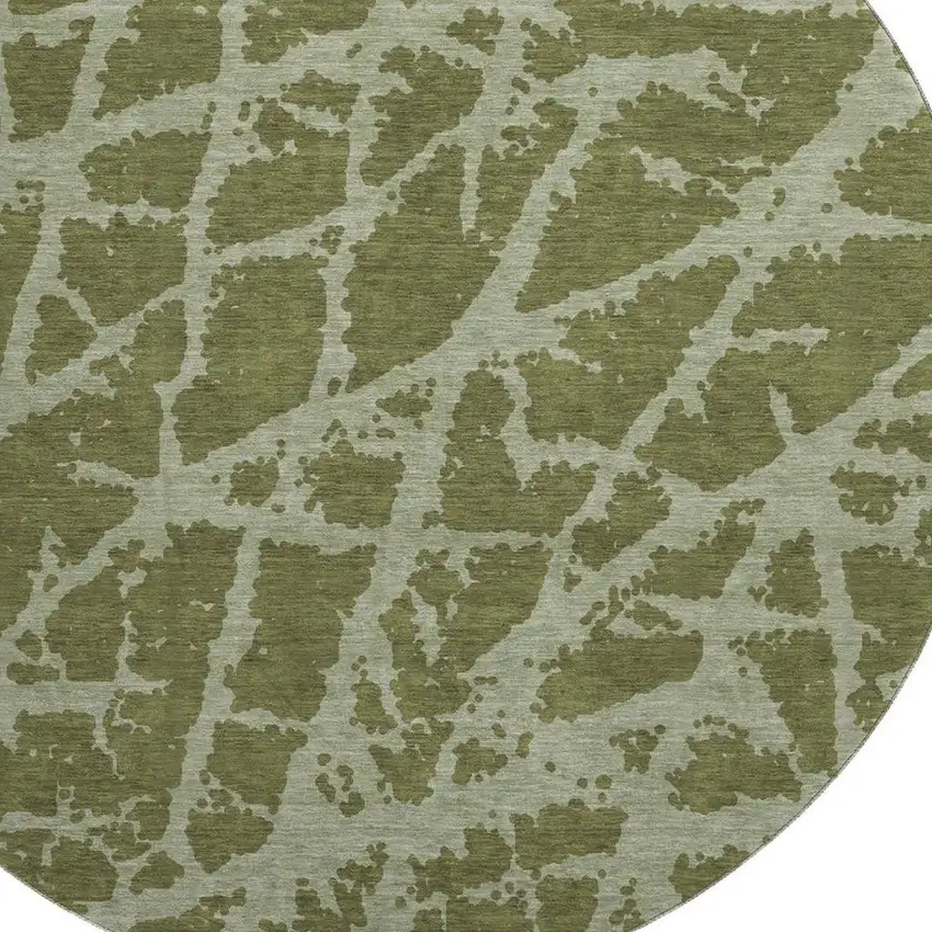 8' Olive Green And Gray Abstract Washable Round Rug With UV Protection Photo 3