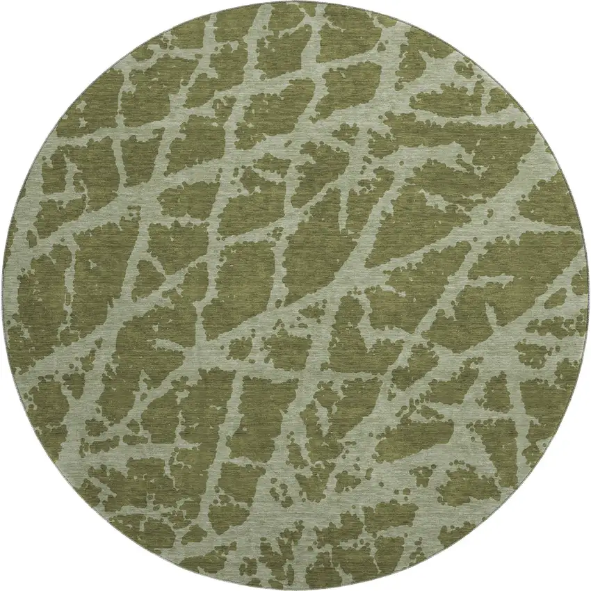 8' Olive Green And Gray Abstract Washable Round Rug With UV Protection Photo 1