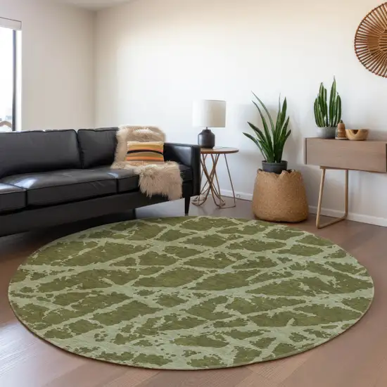 8' Olive Green And Gray Abstract Washable Round Rug With UV Protection Photo 5