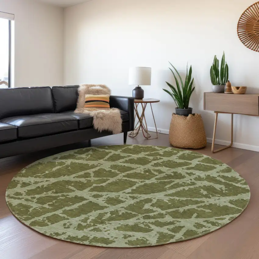 8' Olive Green And Gray Abstract Washable Round Rug With UV Protection Photo 5
