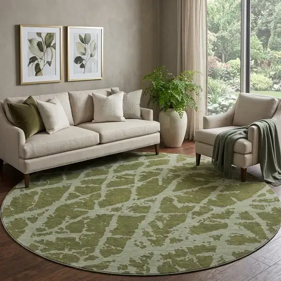 8' Olive Green And Gray Abstract Washable Round Rug With UV Protection Photo 1