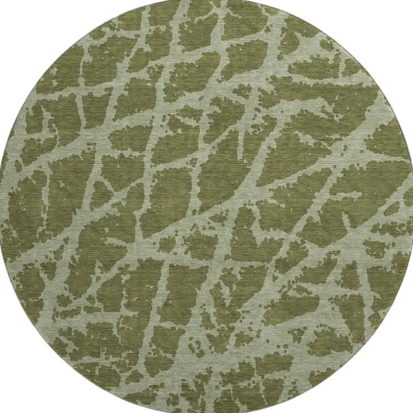 8' Olive Green And Gray Abstract Washable Round Rug With UV Protection Photo 4